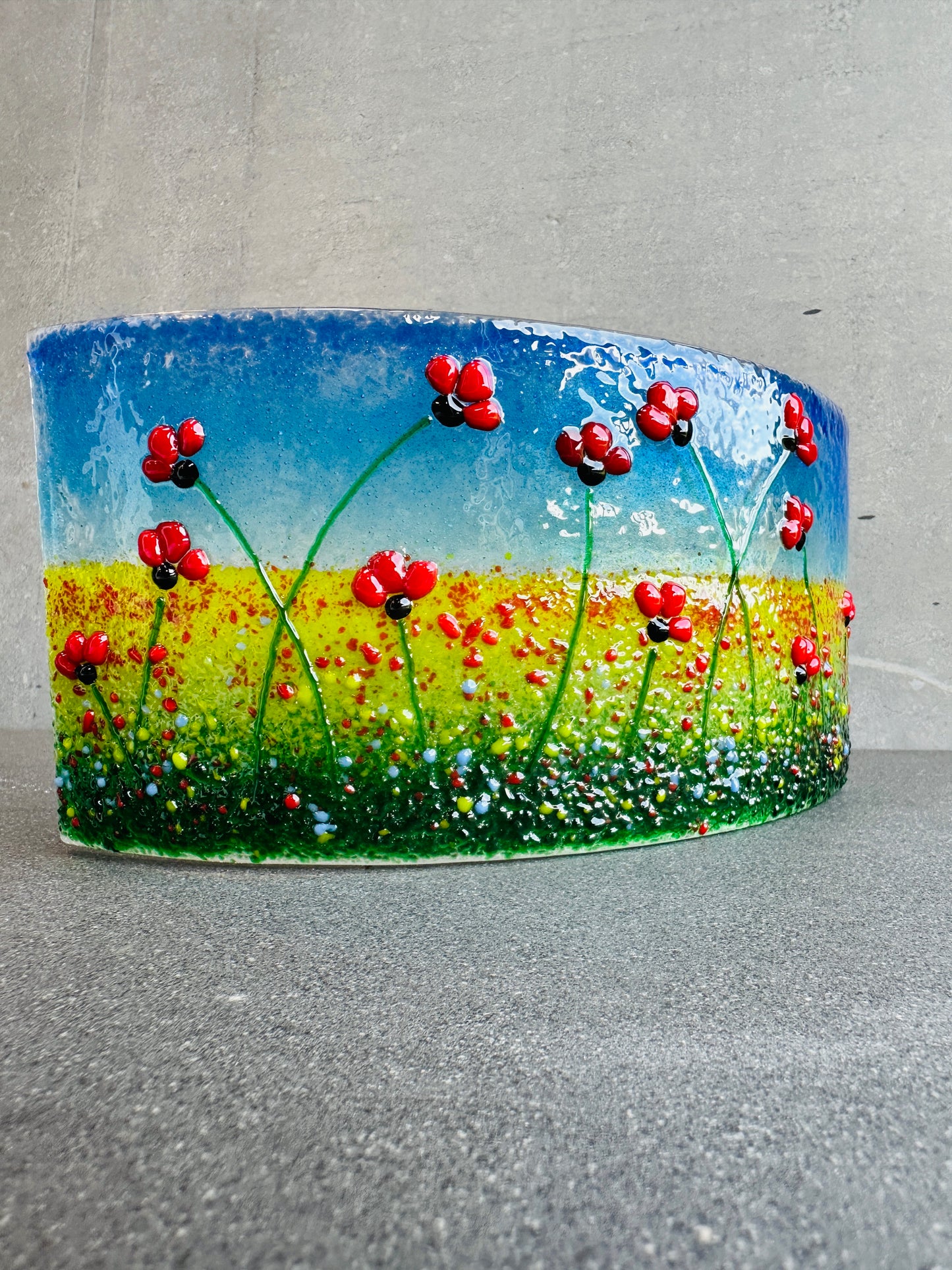 Large Fused Glass Poppy Curve – Handmade Floral Art, Remembrance Gift, Poppy Home Decor, Nature-Inspired Glass Panel, Unique Gift for Her