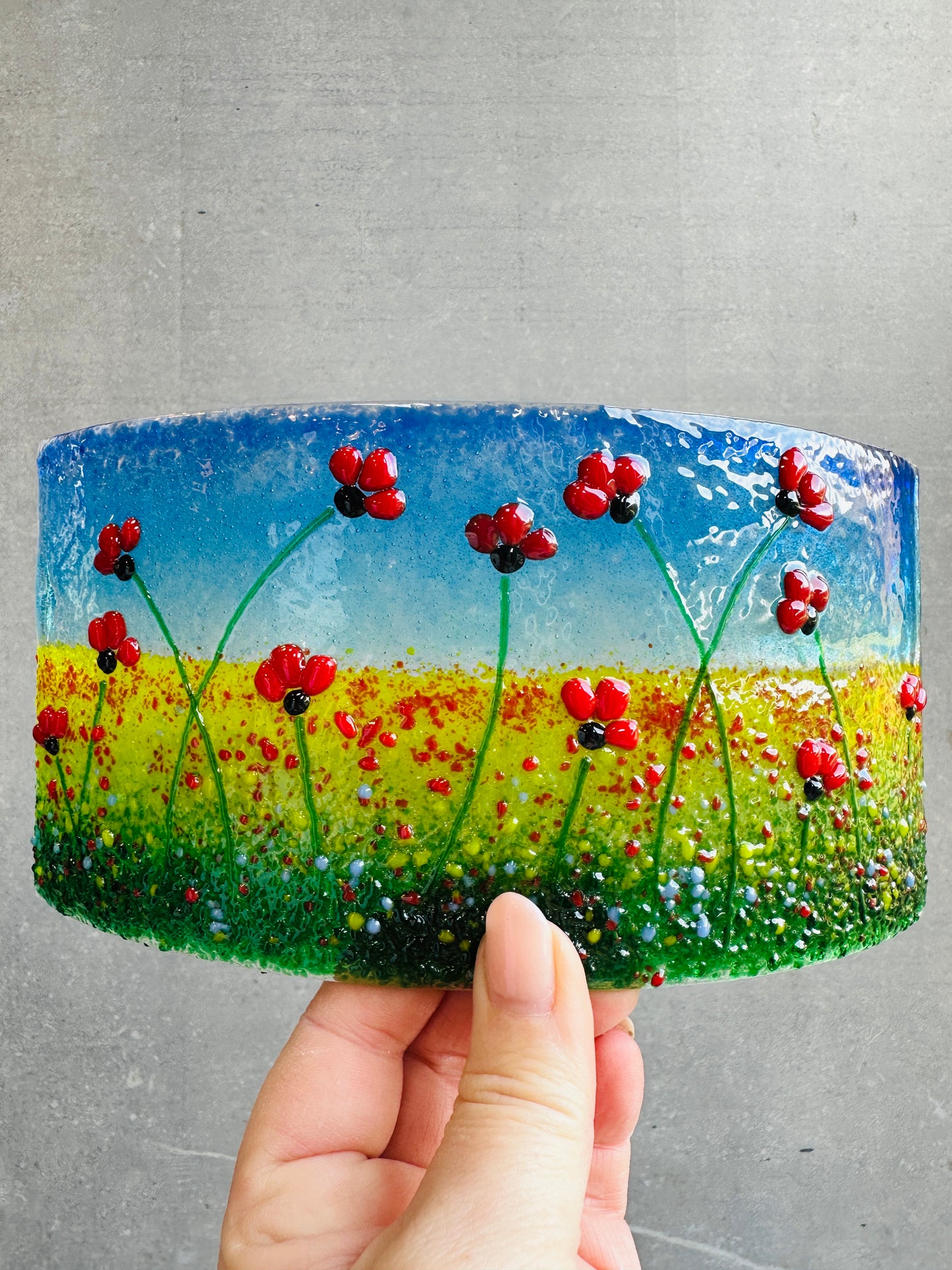Large Fused Glass Poppy Curve – Handmade Floral Art, Remembrance Gift, Poppy Home Decor, Nature-Inspired Glass Panel, Unique Gift for Her