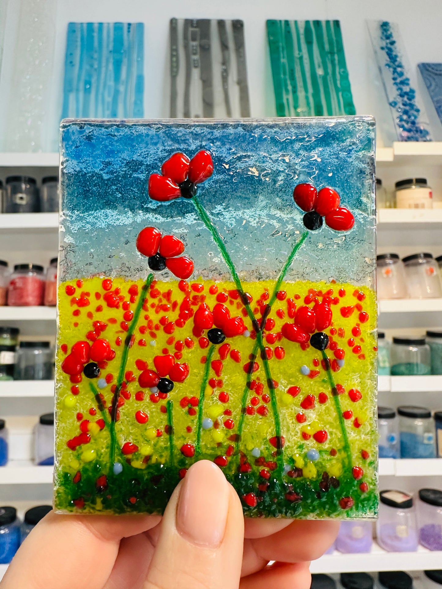 Fused Glass Poppy Tealight Holder