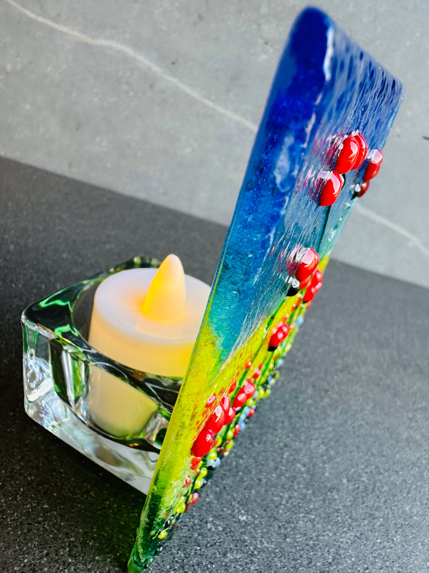 Fused Glass Poppy Tealight Holder