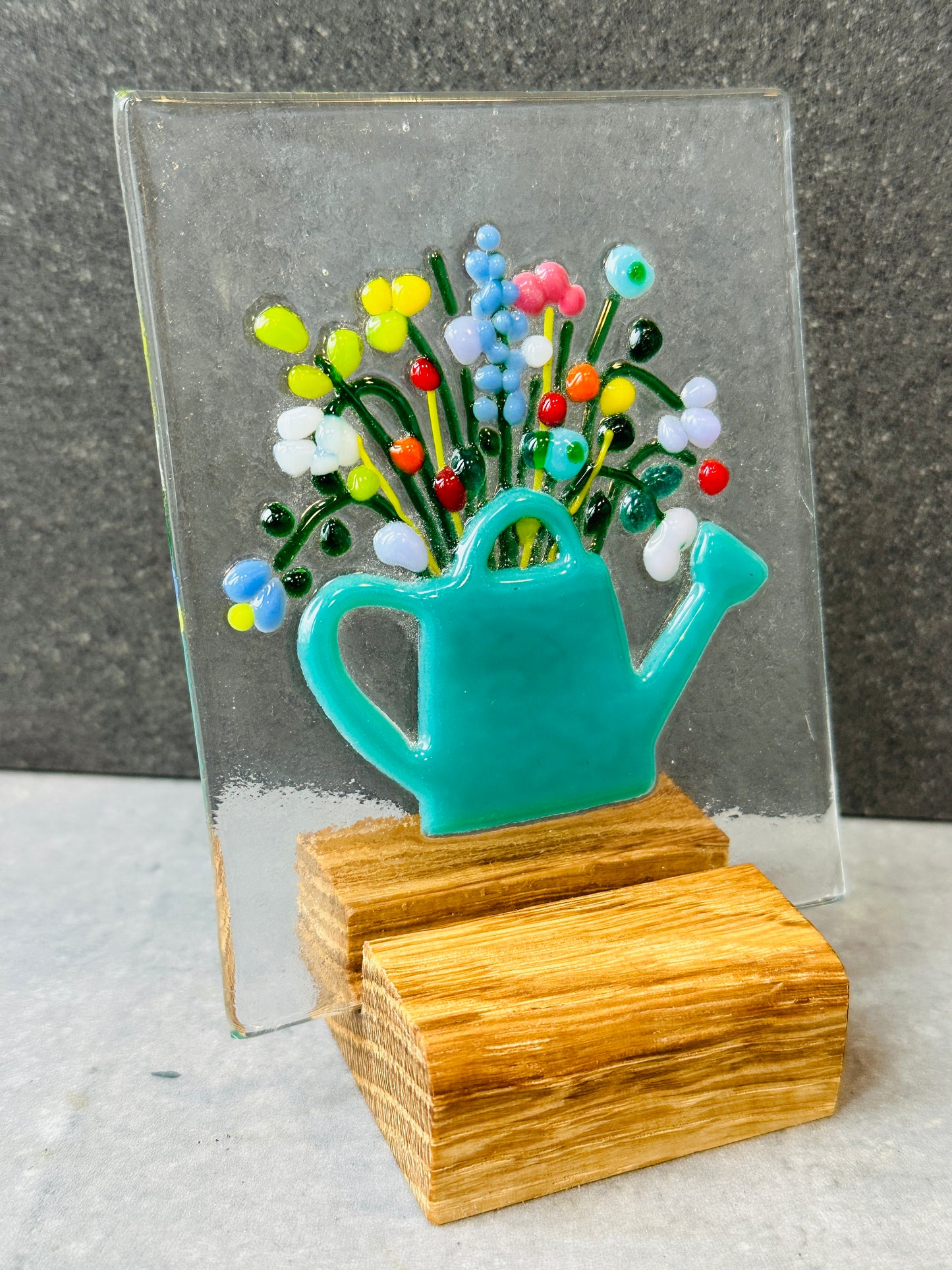 Vintage bloom teal glass panel with oak base
