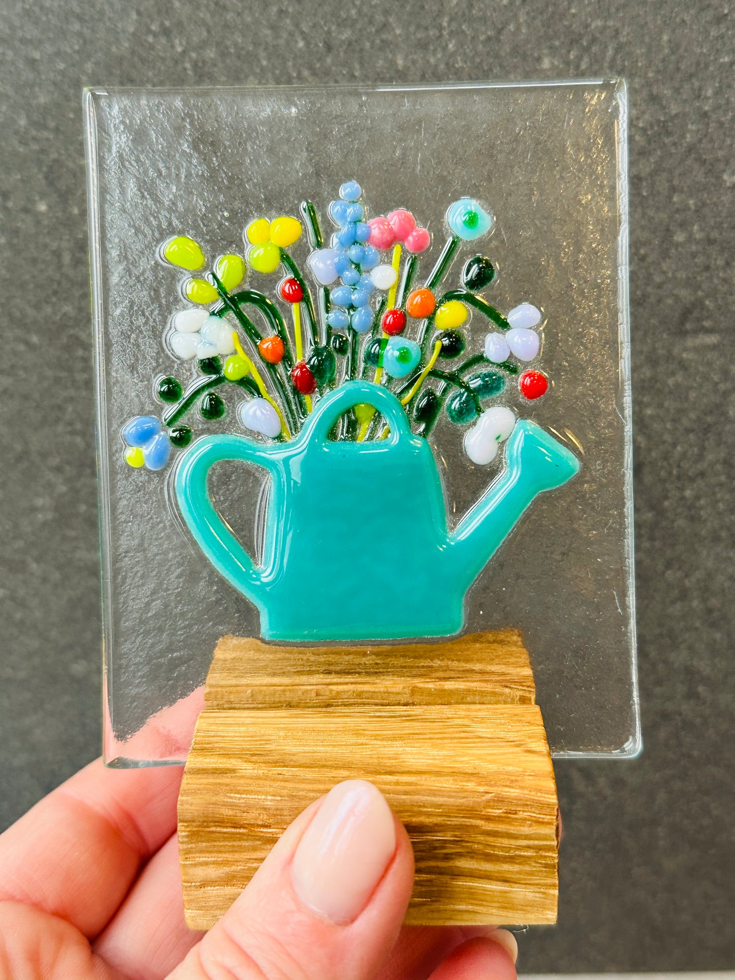 Vintage bloom teal glass panel with oak base