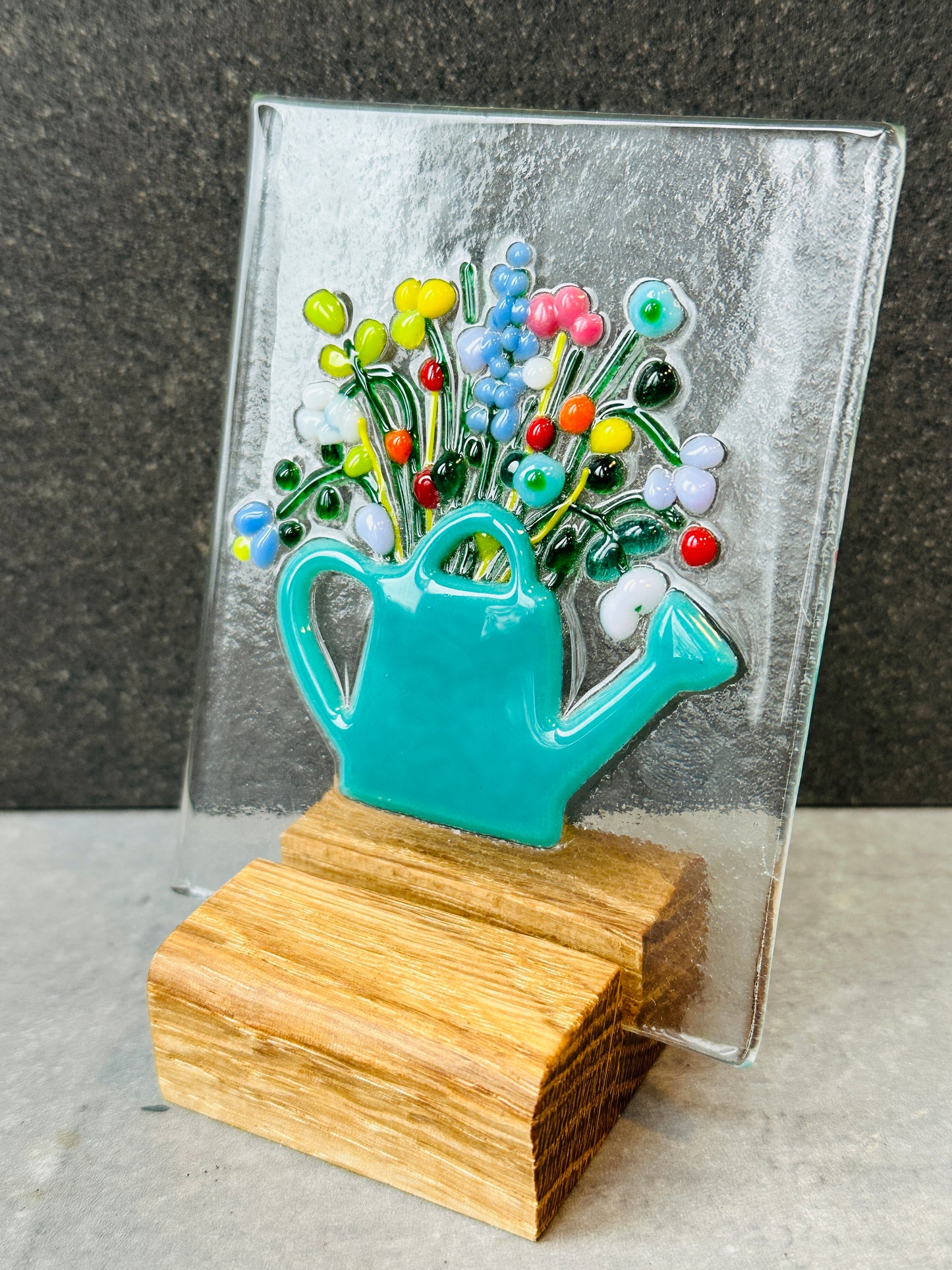Vintage bloom teal glass panel with oak base
