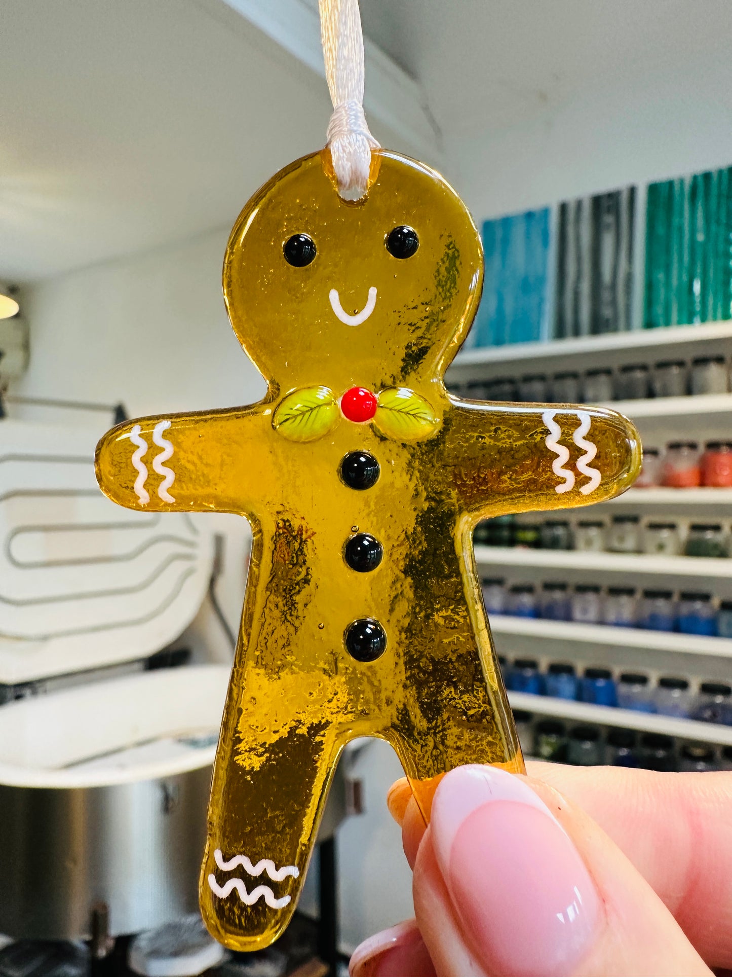 Gingerbread ladies/men Christmas fused glass decoration.