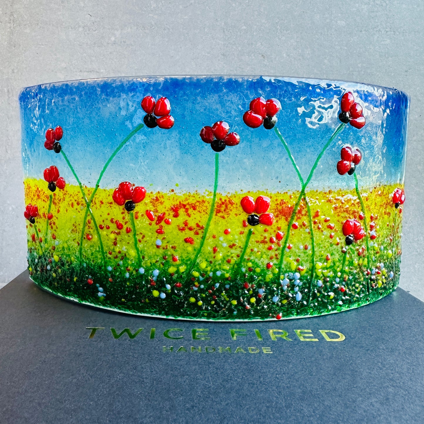 Large Fused Glass Poppy Curve – Handmade Floral Art, Remembrance Gift, Poppy Home Decor, Nature-Inspired Glass Panel, Unique Gift for Her