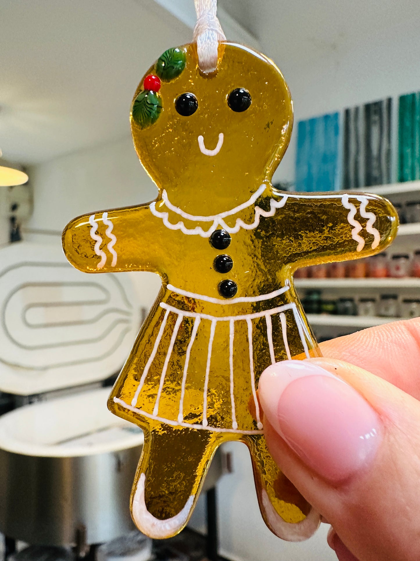 Gingerbread ladies/men Christmas fused glass decoration.