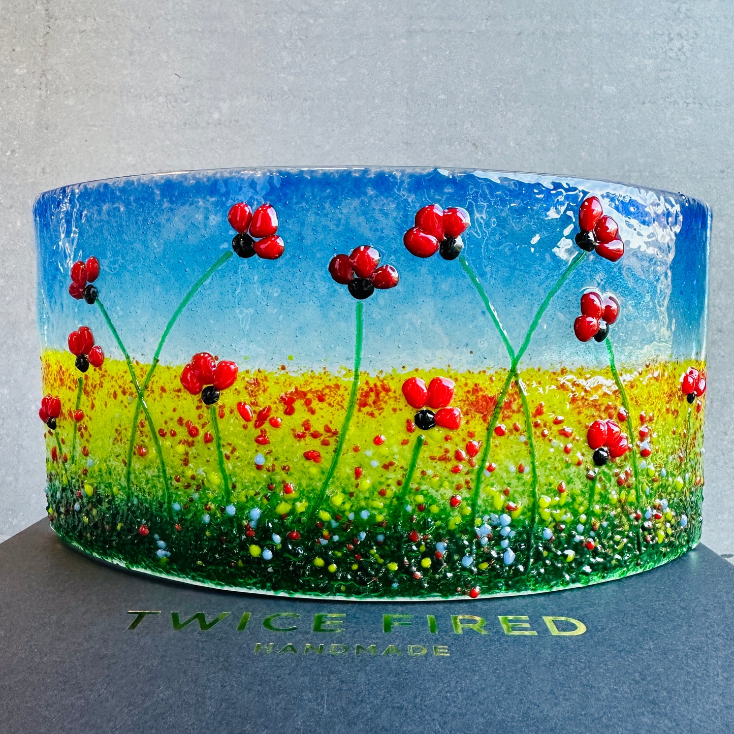 Large Fused Glass Poppy Curve – Handmade Floral Art, Remembrance Gift, Poppy Home Decor, Nature-Inspired Glass Panel, Unique Gift for Her