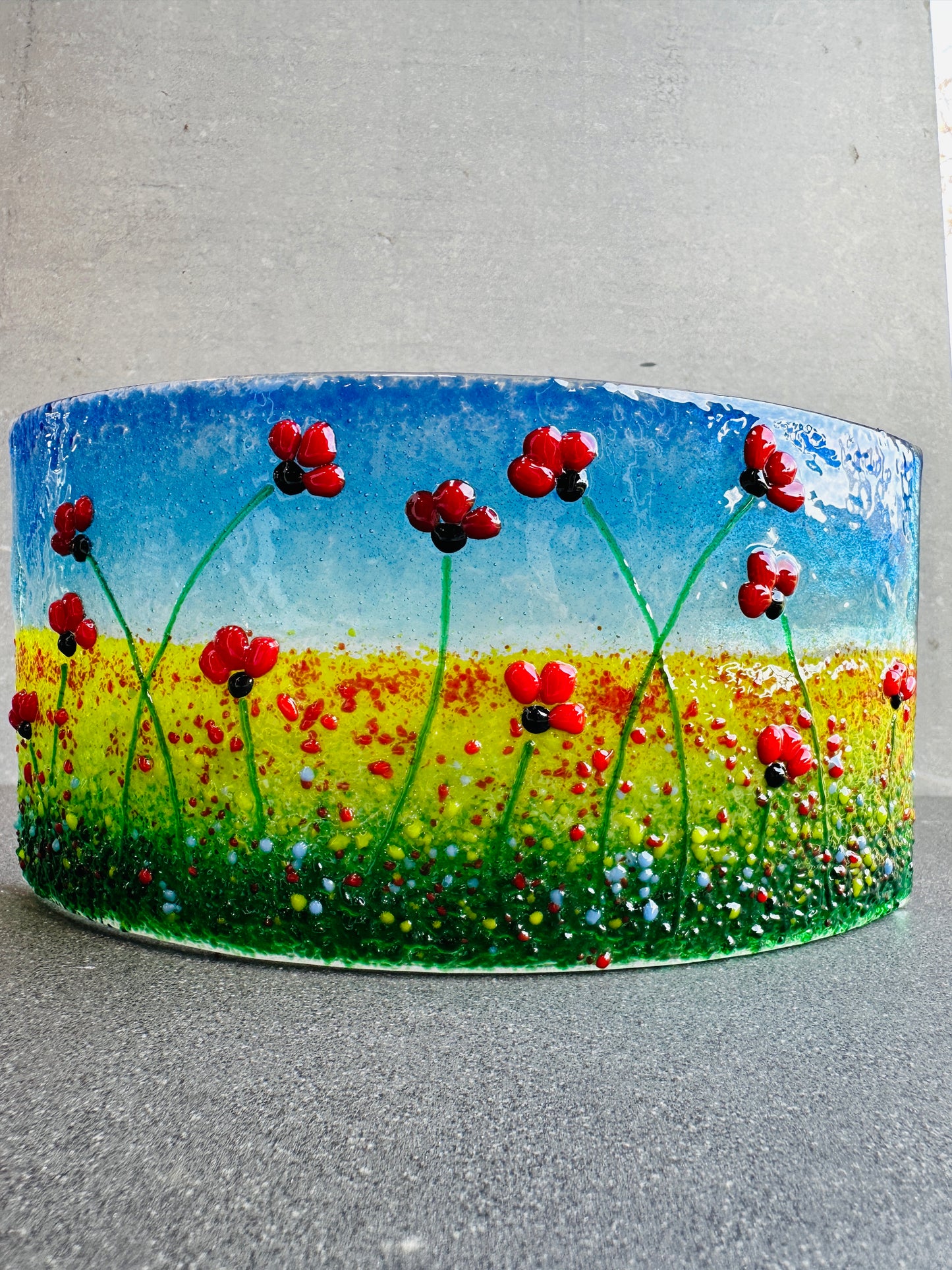 Large Fused Glass Poppy Curve – Handmade Floral Art, Remembrance Gift, Poppy Home Decor, Nature-Inspired Glass Panel, Unique Gift for Her