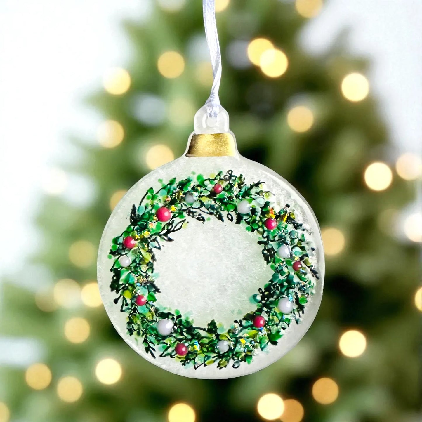 Glass Wreath Christmas Decoration with Pink Berries