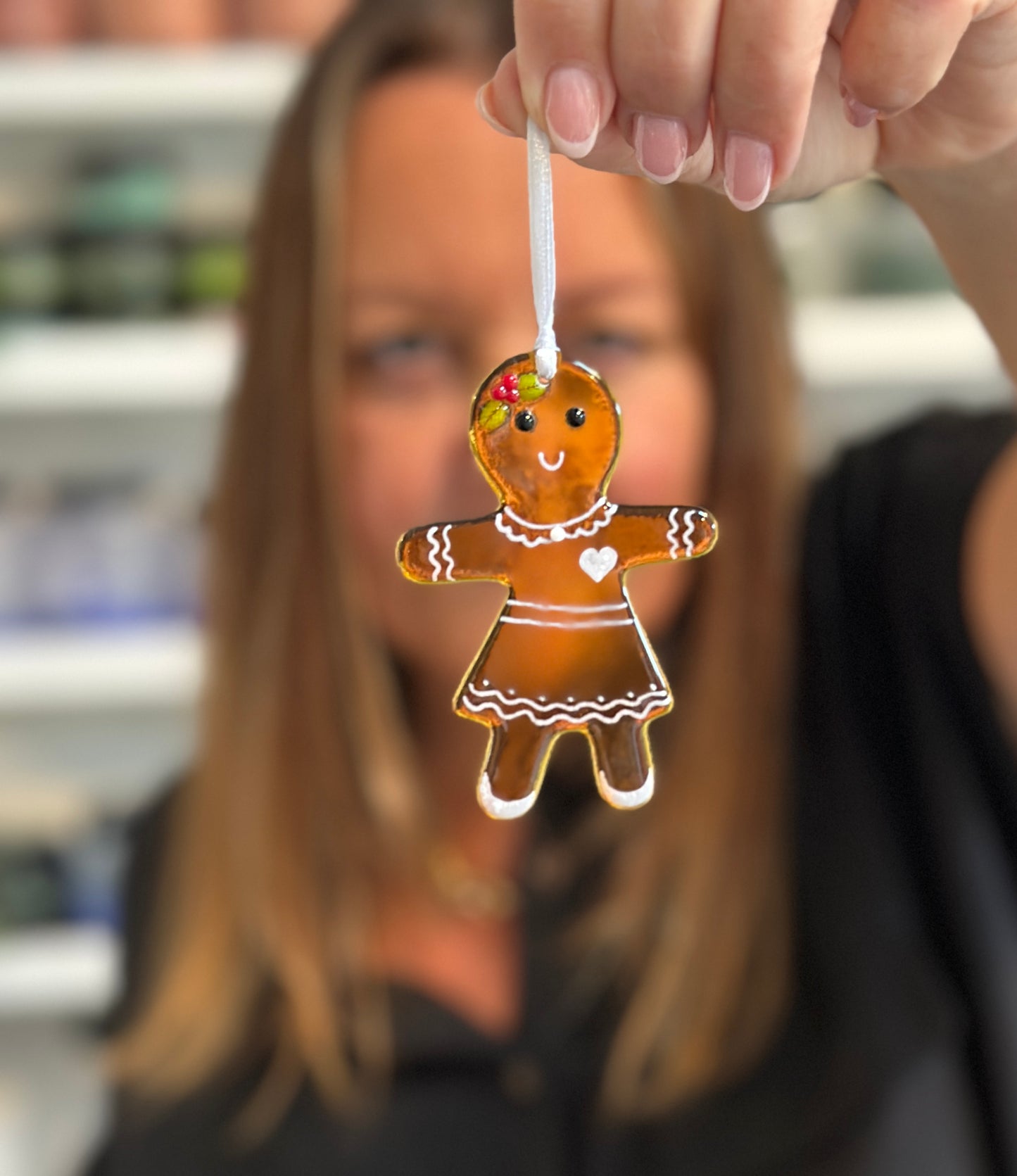 Gingerbread ladies/men Christmas fused glass decoration.