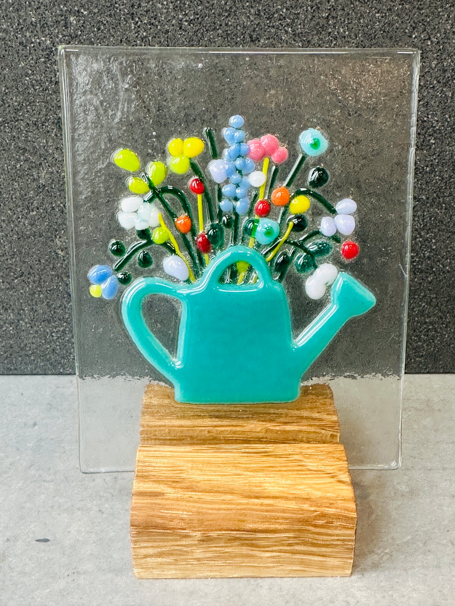 Vintage bloom teal glass panel with oak base