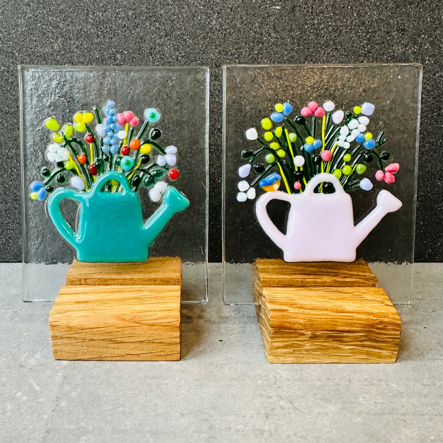 Vintage bloom teal glass panel with oak base