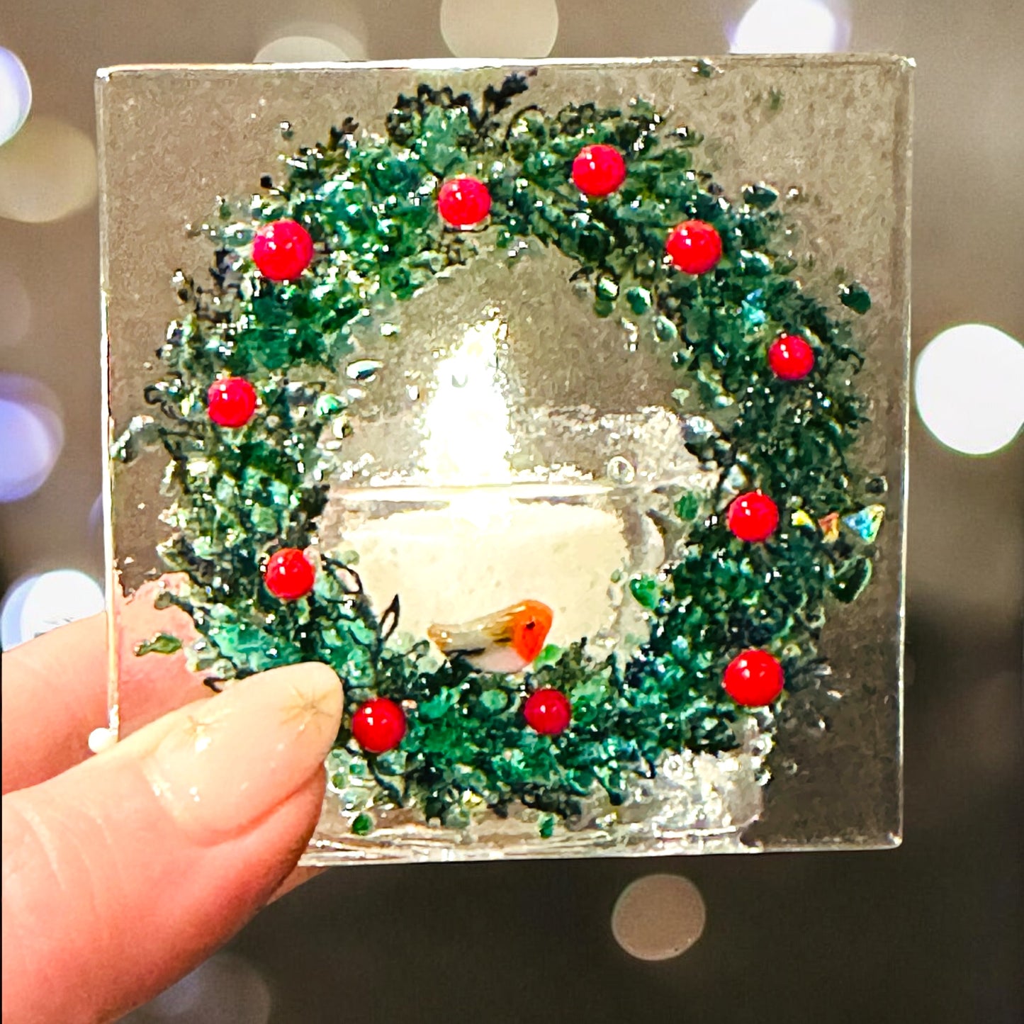 Christmas Wreath with Robin tea light holder