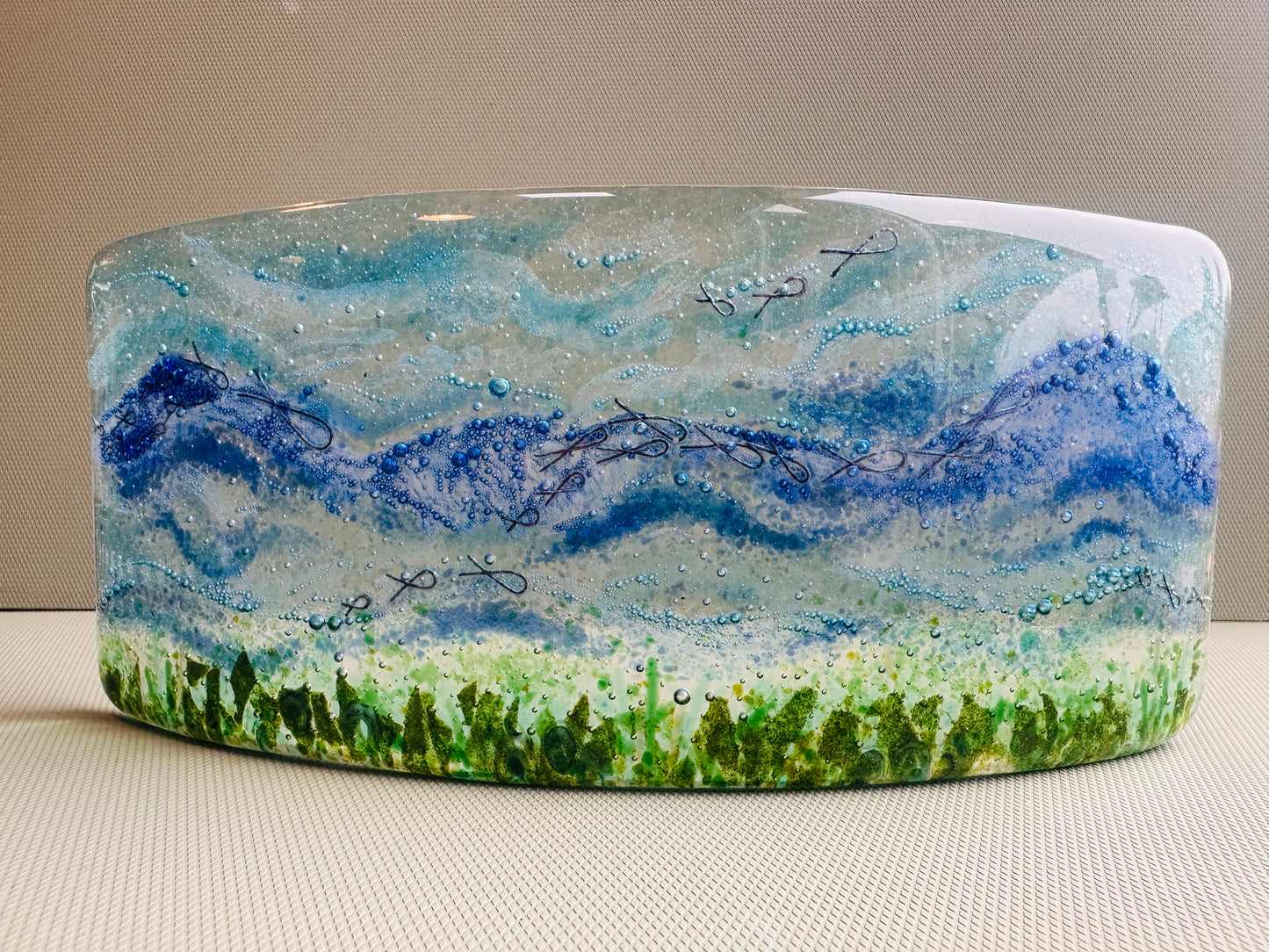 SALE Large Fused Glass wave with copper fish