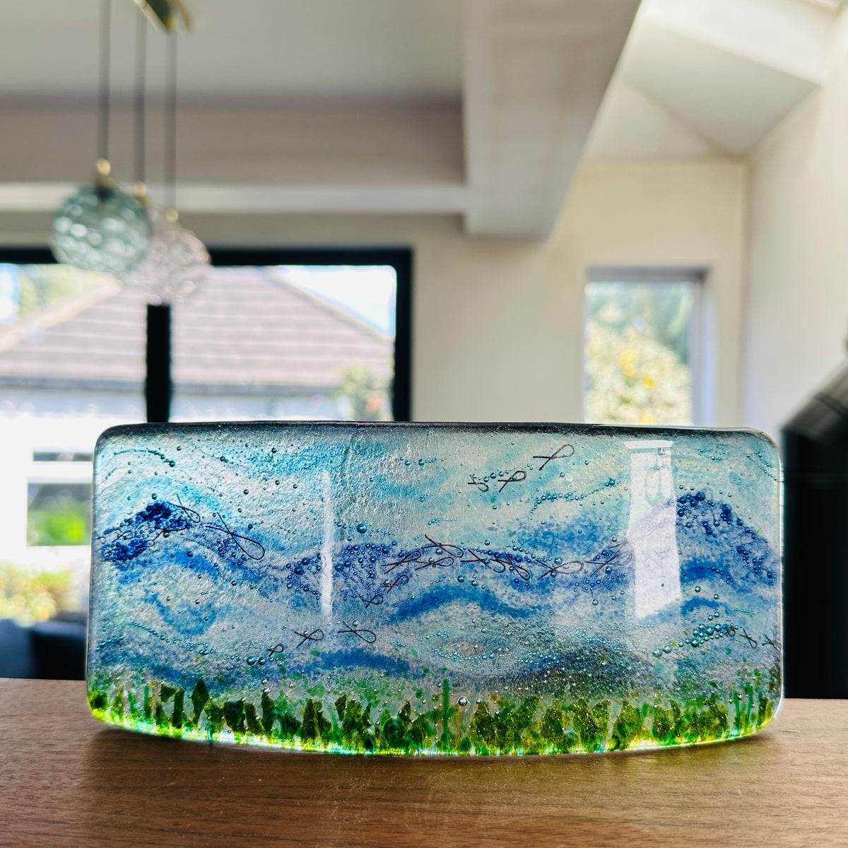 SALE Large Fused Glass wave with copper fish
