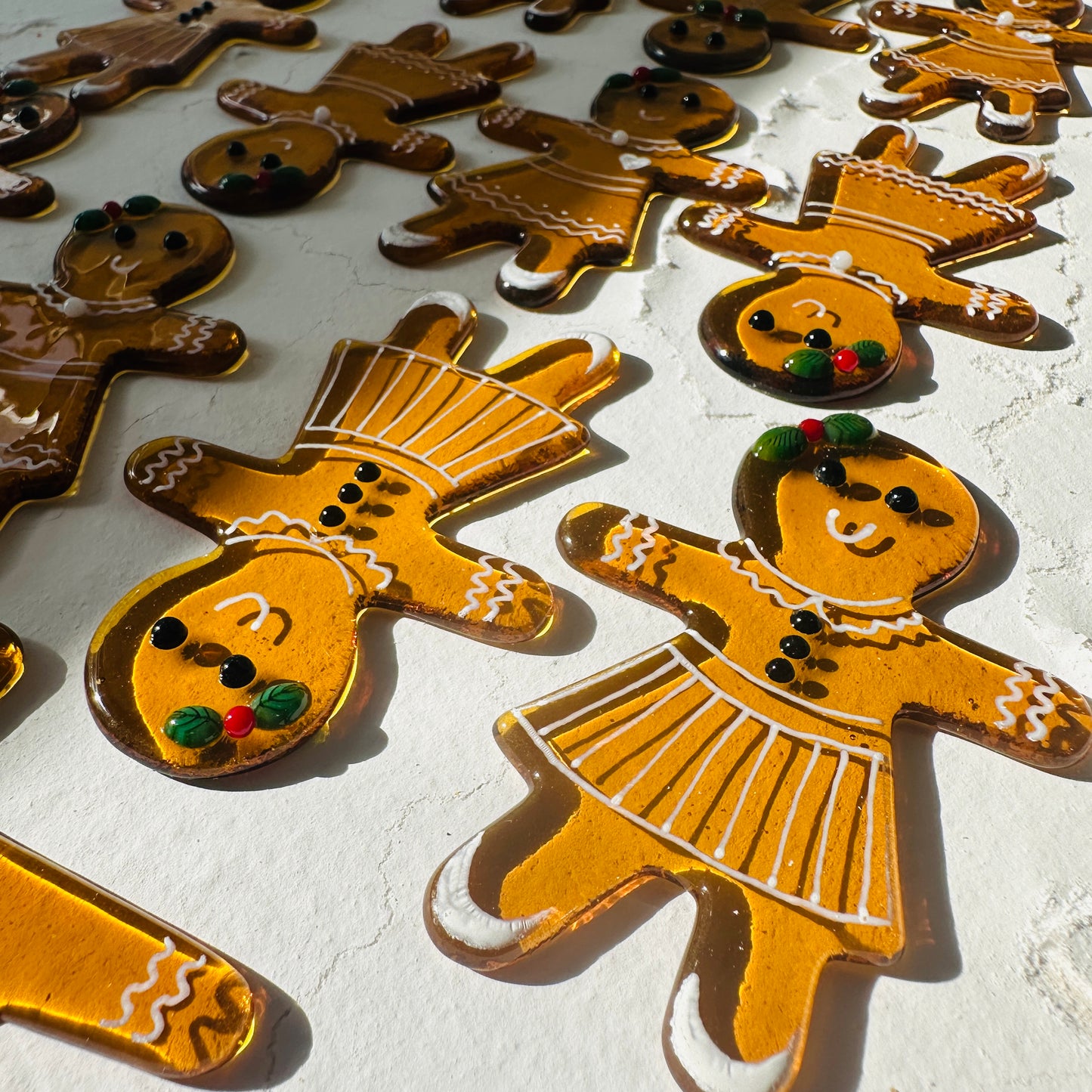 Gingerbread ladies/men Christmas fused glass decoration.