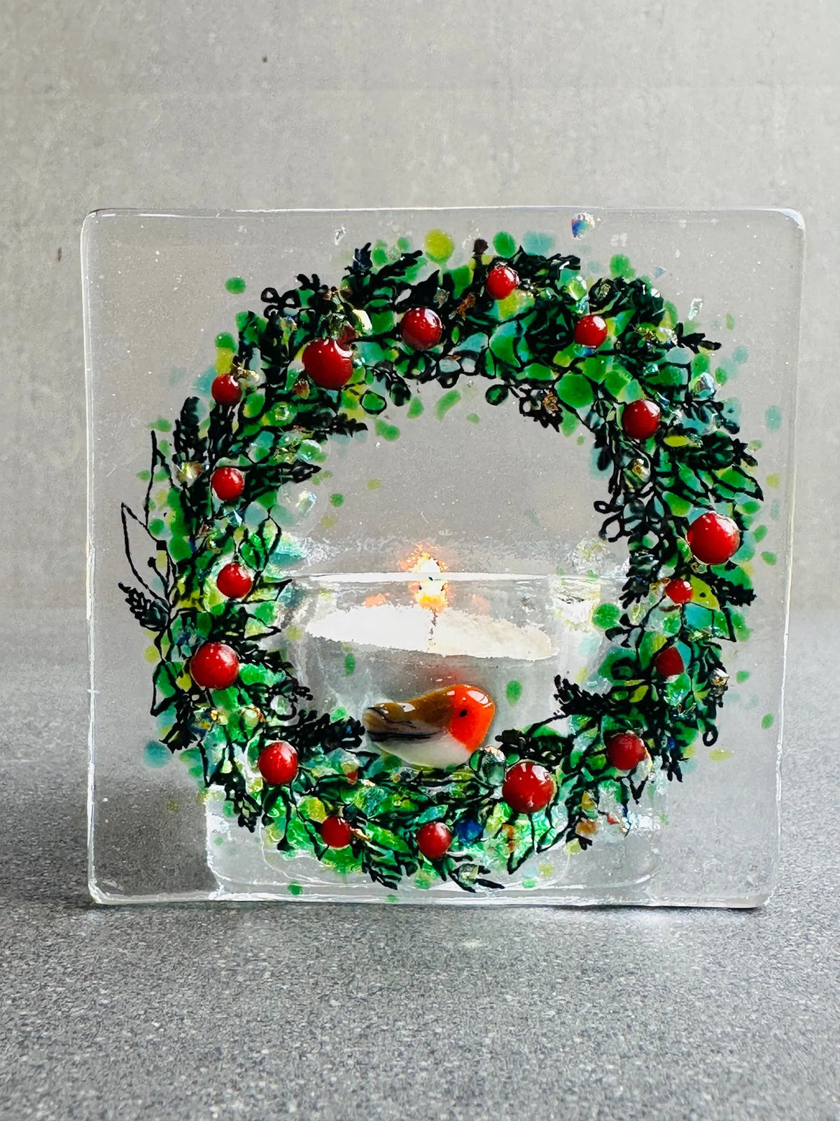 Christmas Wreath Tea Light Holder with Robin