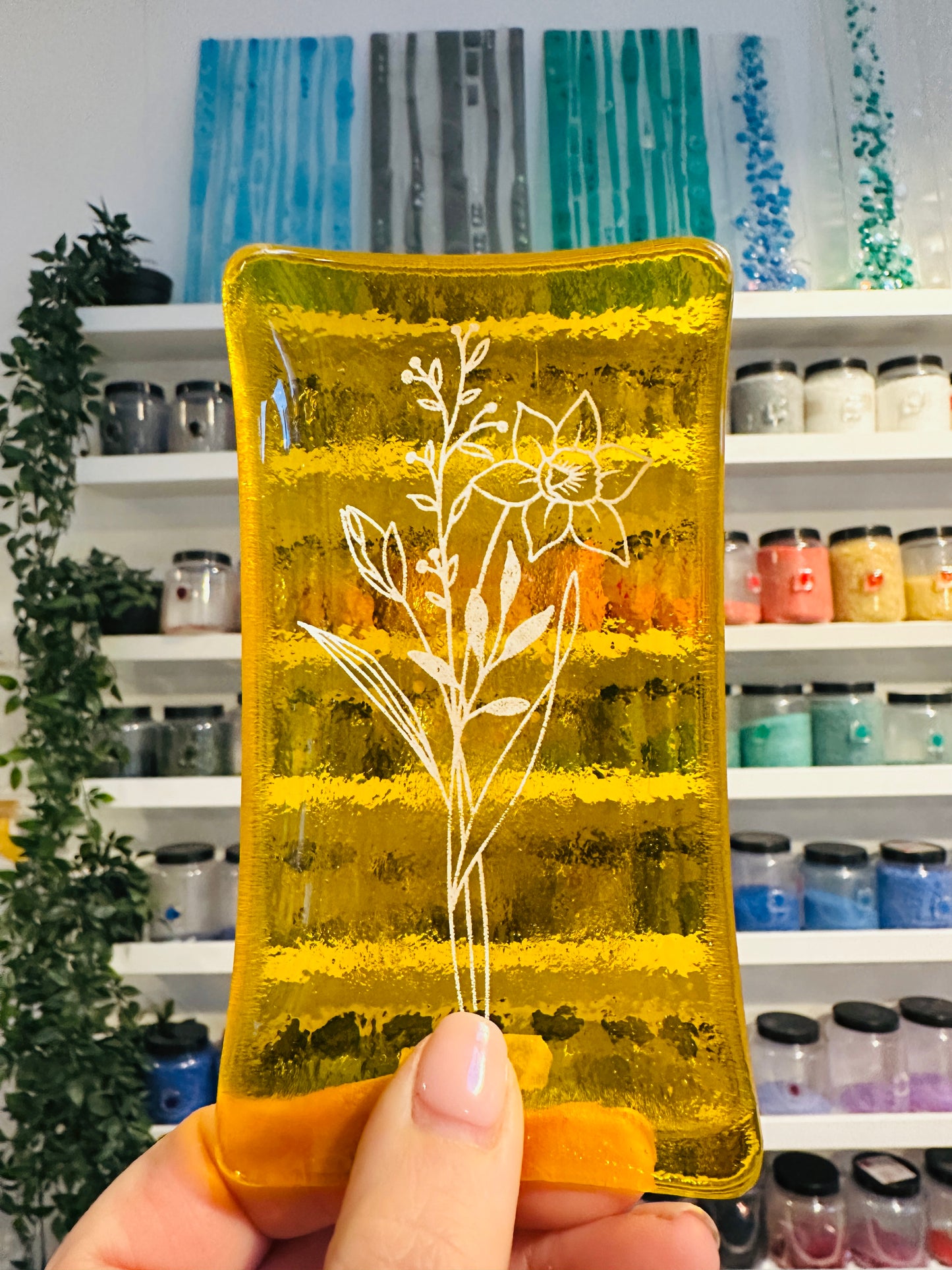 SALE Birth Flower fused glass dish, Daisy, Rose, Violet, Daffodil, Cosmos, Poppy, Chrysanthemum, Bluebell, Holly, Cosmos.