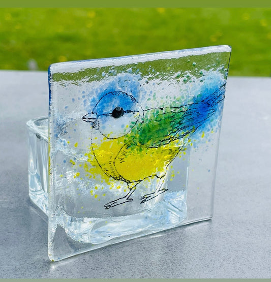 SALE Fused glass Blue Tit tea light holder