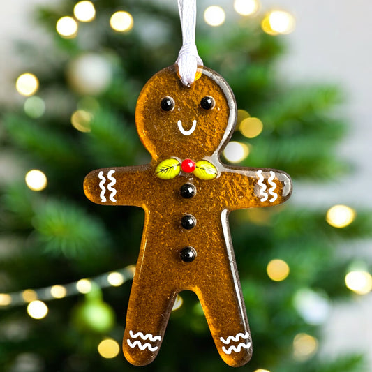 Gingerbread ladies/men Christmas fused glass decoration.