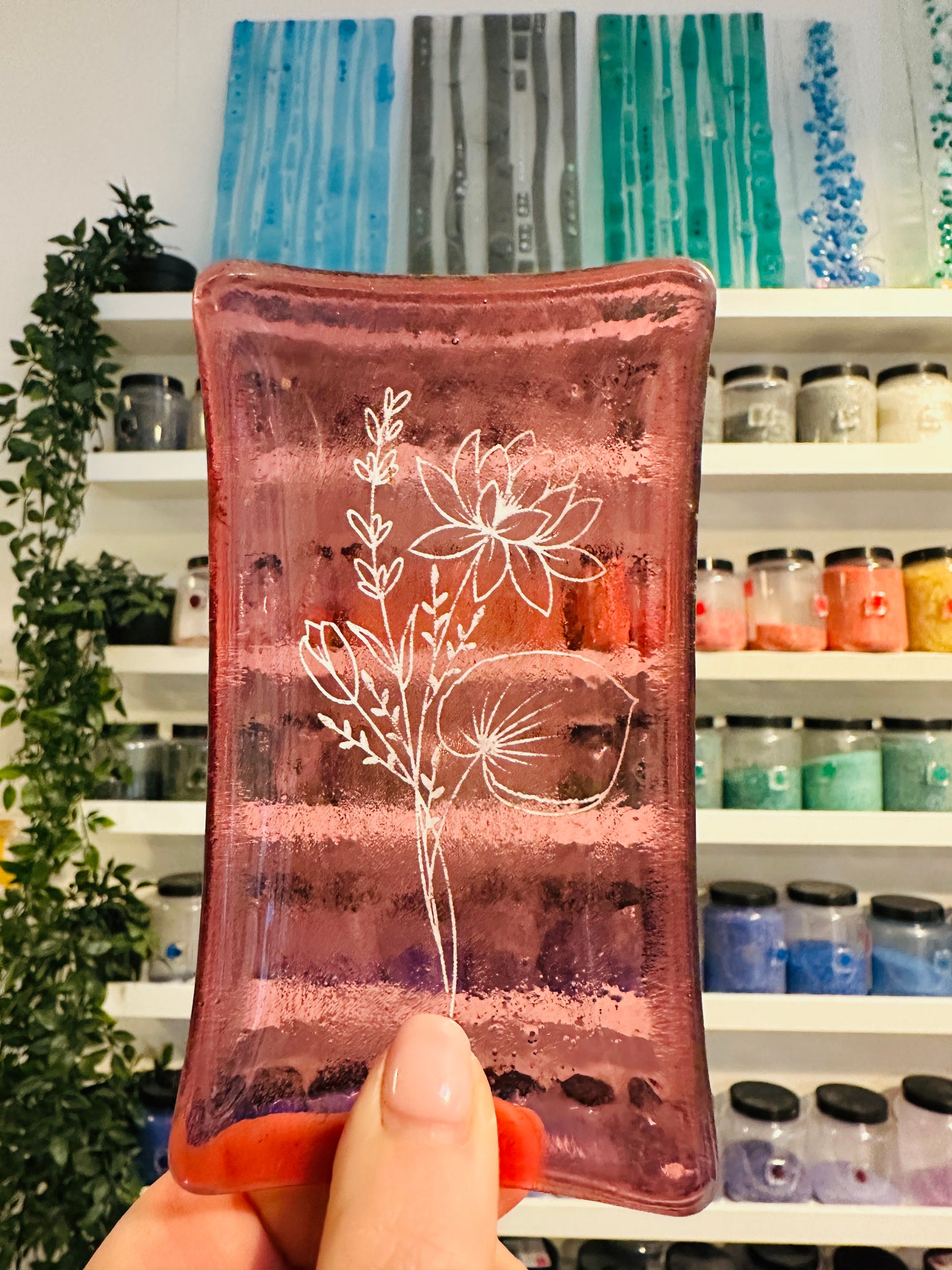 SALE Birth Flower fused glass dish, Daisy, Rose, Violet, Daffodil, Cosmos, Poppy, Chrysanthemum, Bluebell, Holly, Cosmos.