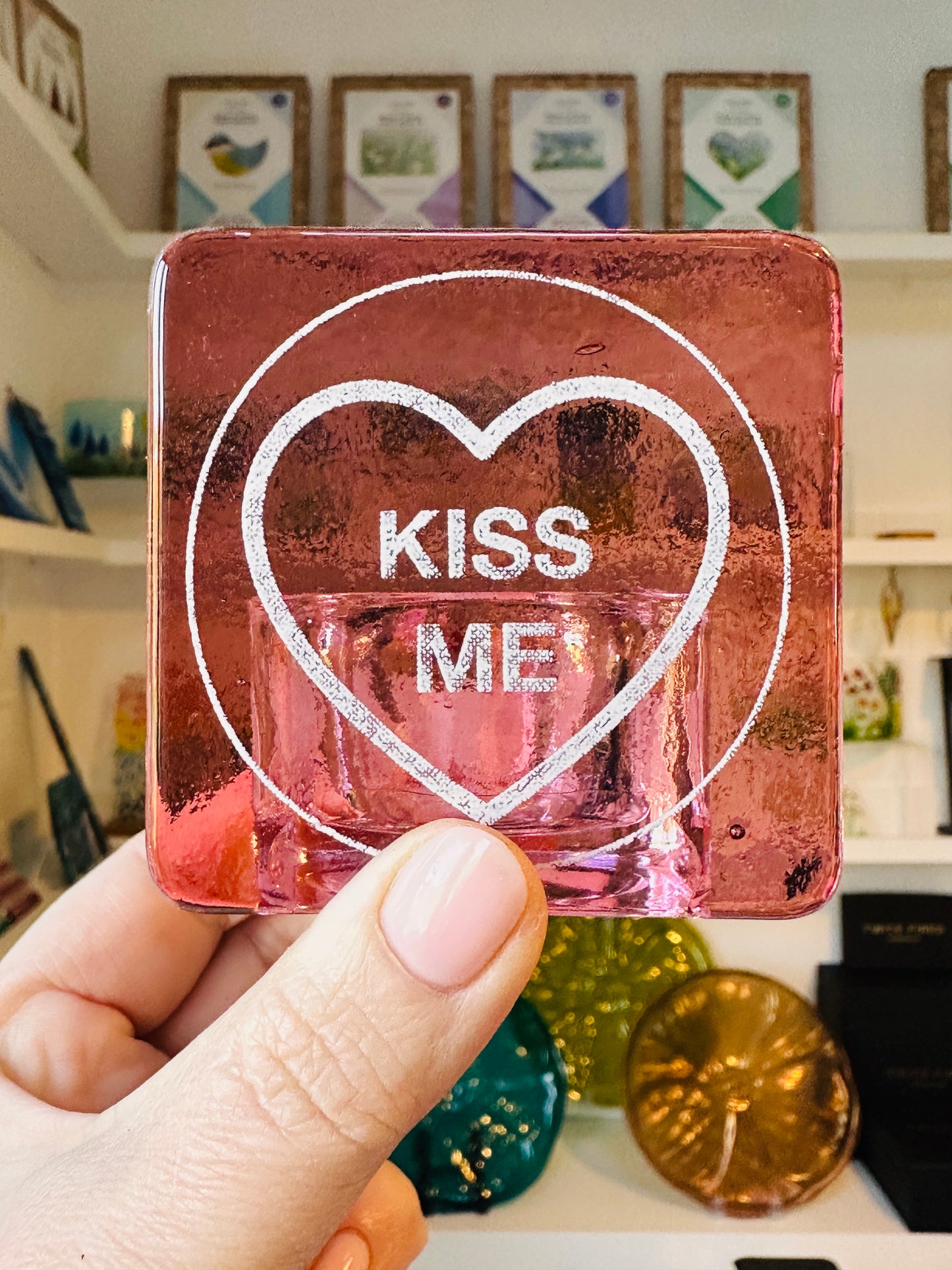 SALE Fused glass tealight holder, love you, always , family.