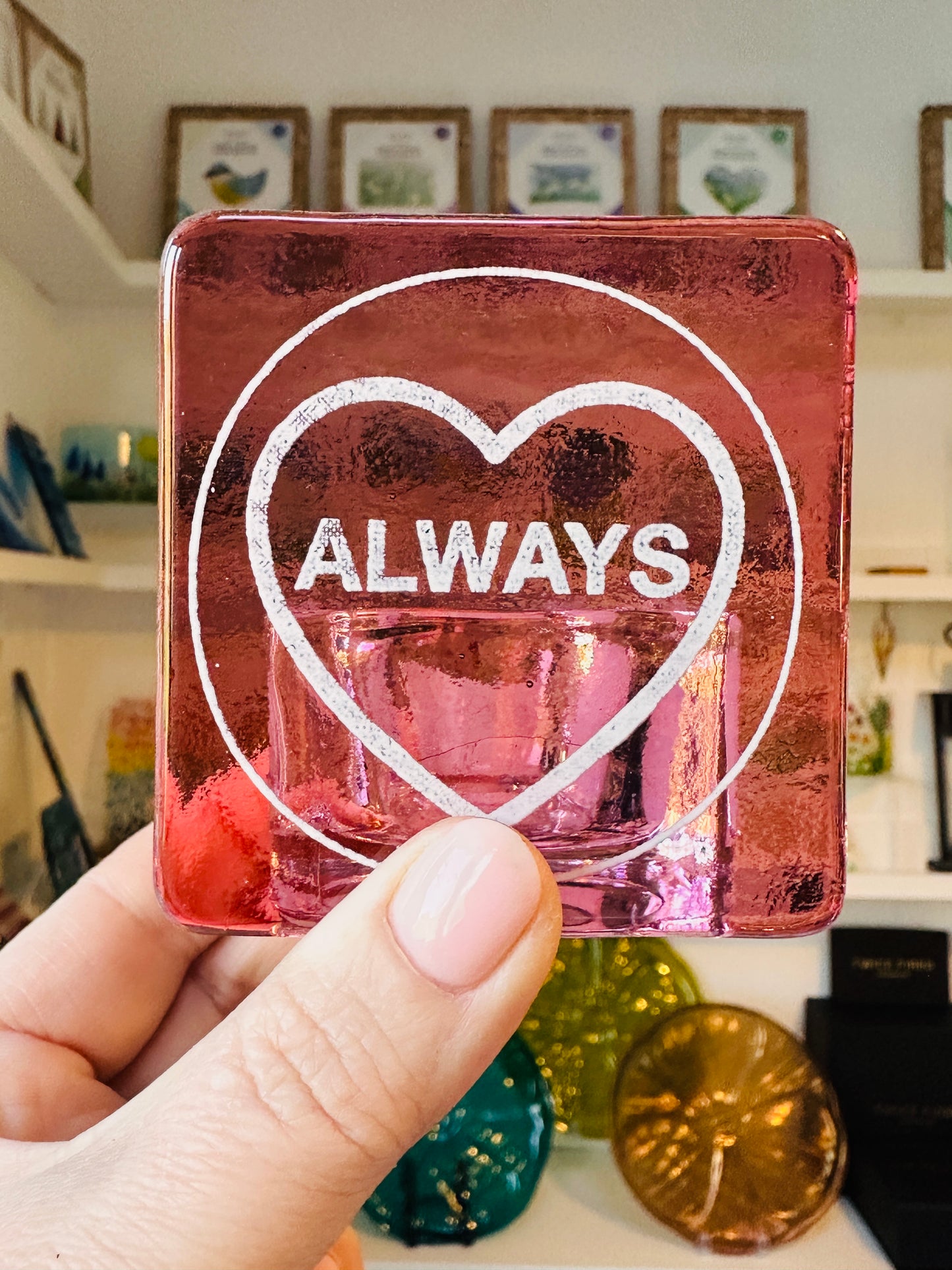 SALE Fused glass tealight holder, love you, always , family.