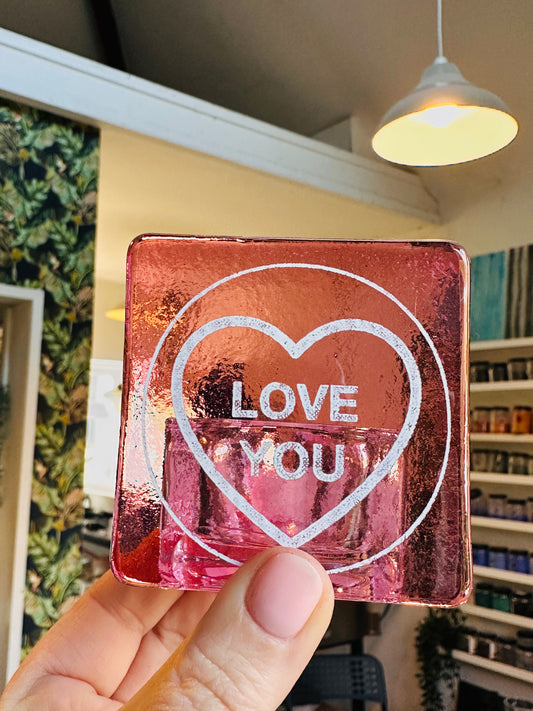 SALE Fused glass tealight holder, love you, always , family.