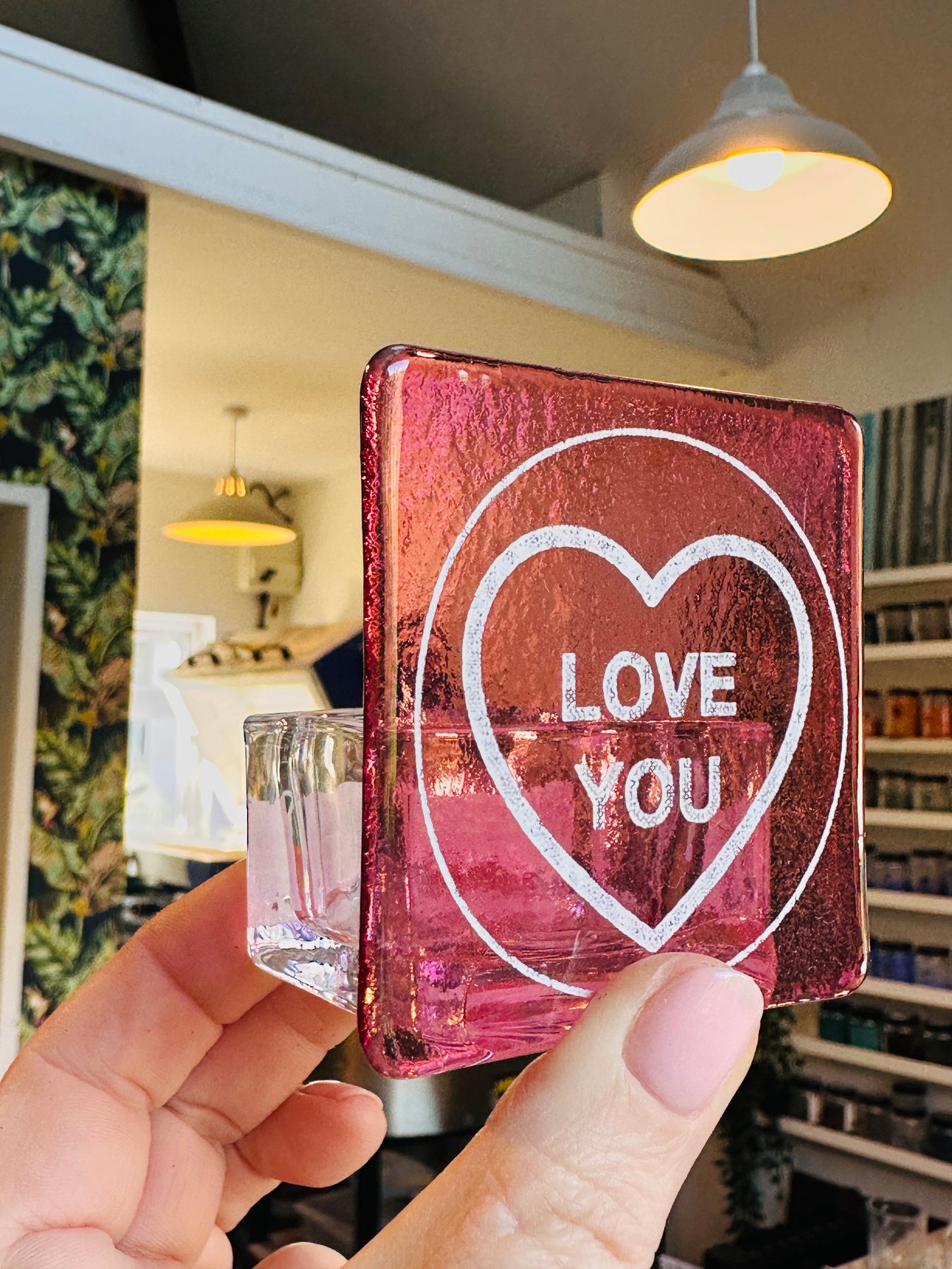 SALE Fused glass tealight holder, love you, always , family.