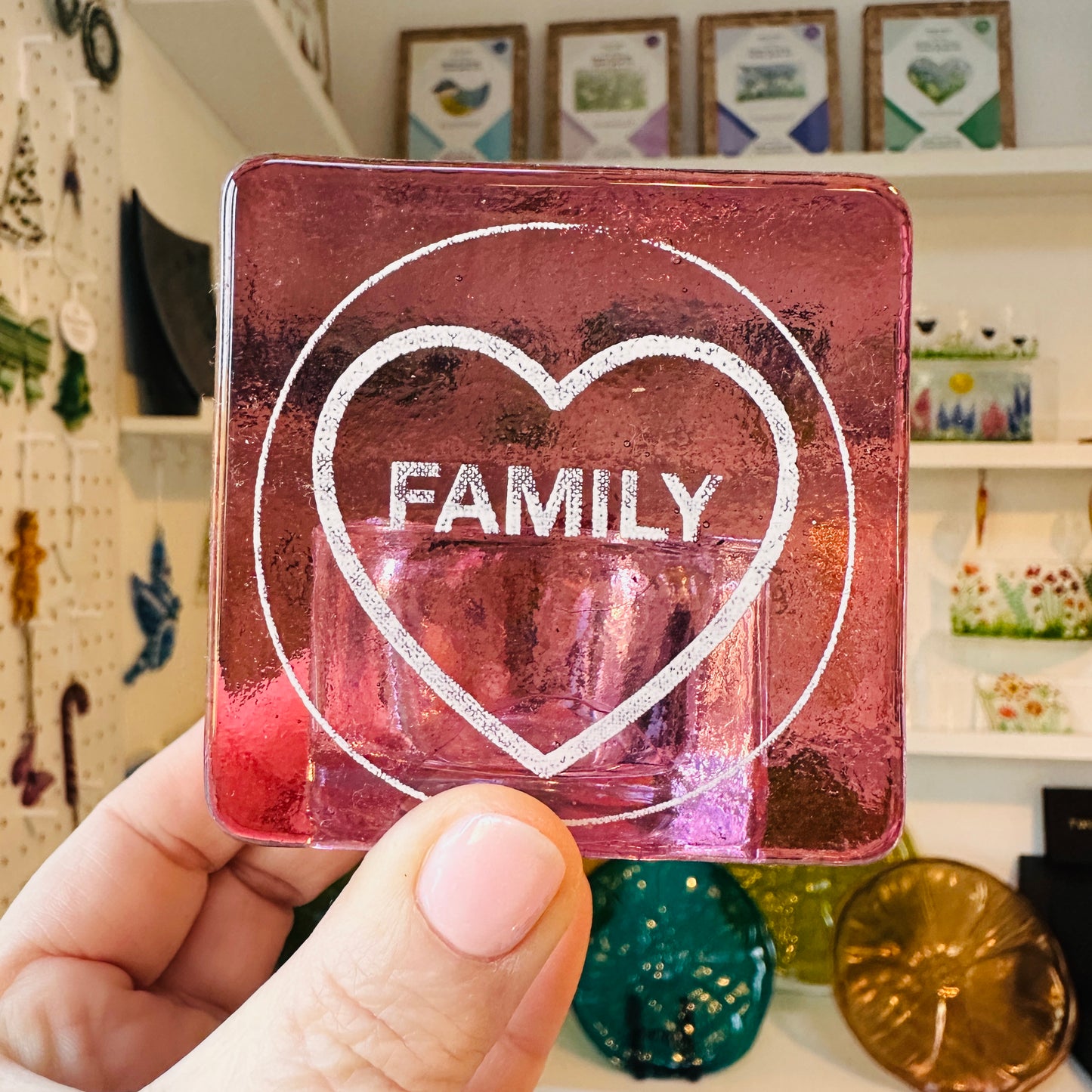 SALE Fused glass tealight holder, love you, always , family.