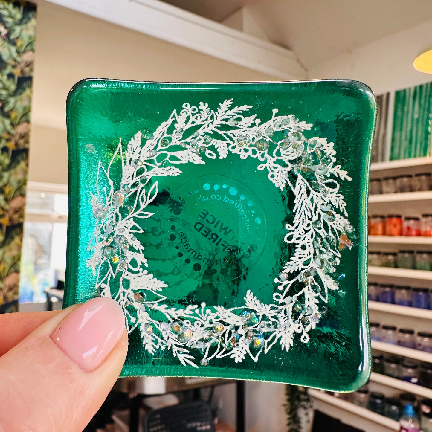 SALE Christmas white on green wreath dish