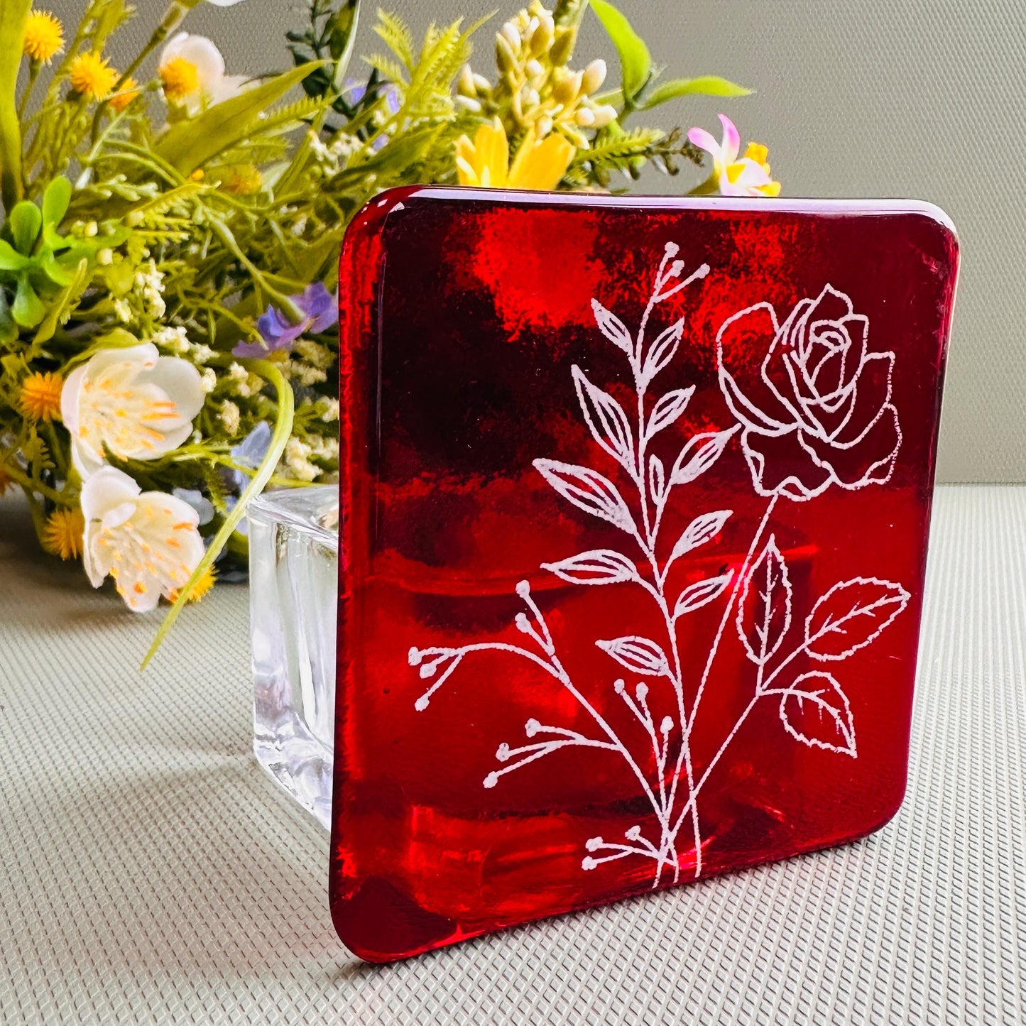 SALE Birth Flower fused glass tealight , Daisy, Rose