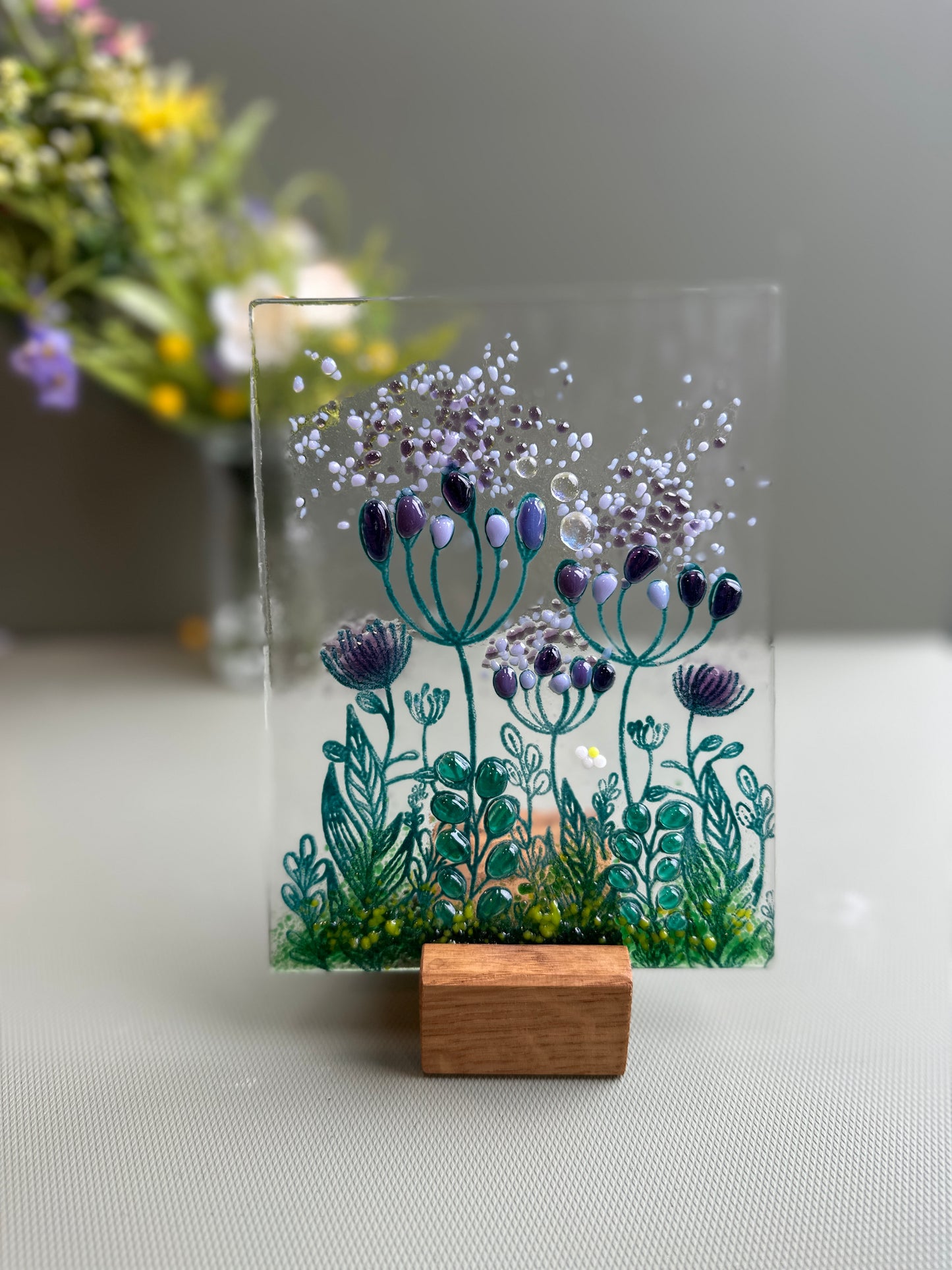 SALE Purple Summer Meadow panel in oak stand