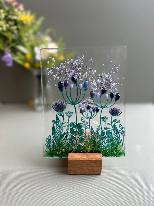 SALE Purple Summer Meadow panel in oak stand