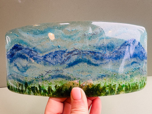 SALE Large Fused Glass wave with copper fish