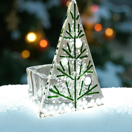 Christmas Tree Tealight Holder: Green & White Decoration