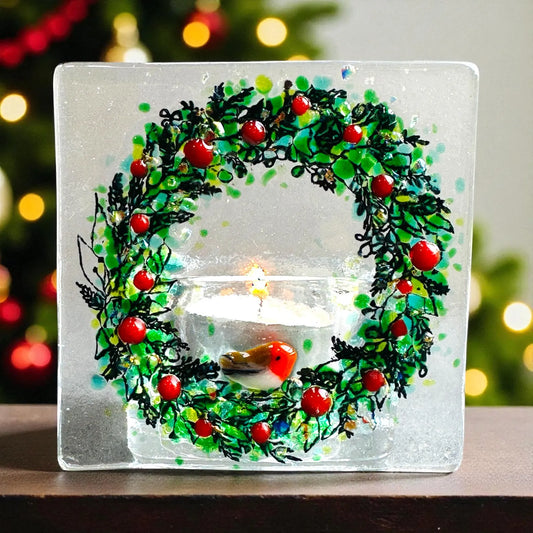 Christmas Wreath Tea Light Holder with Robin
