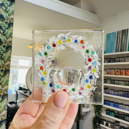 SALE Christmas White Multicolour Wreath Tea Light Holder